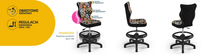 Krzesło obrotowe dla dziecka z podnóżkiem i ergonomicznym oparciem, wzór w psy.