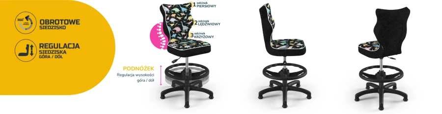 Fotel obrotowy dla dziecka z kolorowymi dinozaurami, regulowanym siedziskiem i ergonomicznym oparciem.