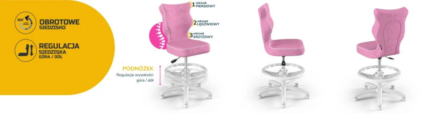 Różowy fotel biurowy dla dziecka z regulacją wysokości, podnóżkiem i ergonomicznym oparciem.