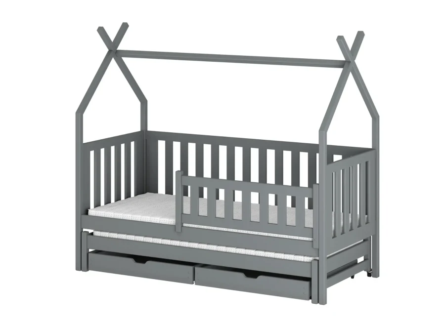 Szary domek tipi dla dzieci z barierką i funkcją spania w dolnej szufladzie.
