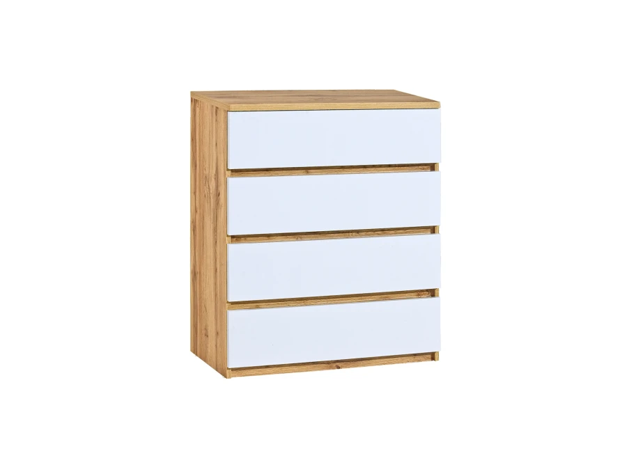 Komoda dębowa z czterema białymi szufladami, nowoczesny design.