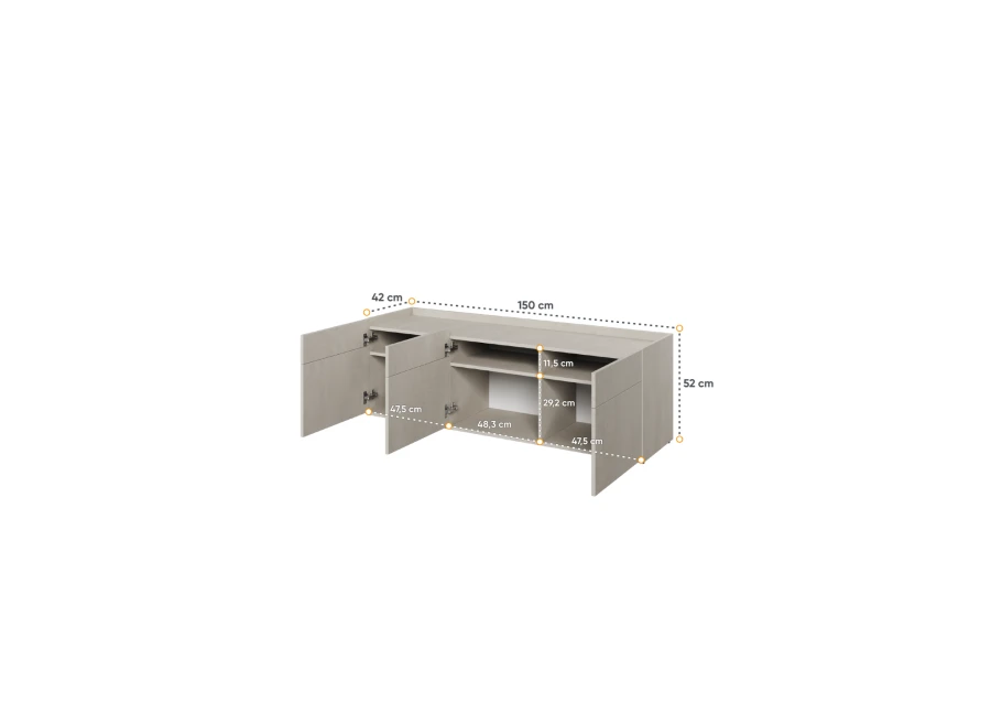 Wymiary szarej komody do salonu: szerokość 150 cm, wysokość 52 cm.