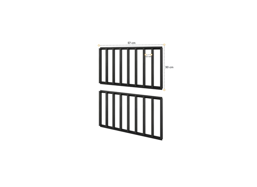 Czarne metalowe kratki loftowe z wymiarami 57x30 cm, element dekoracyjny.