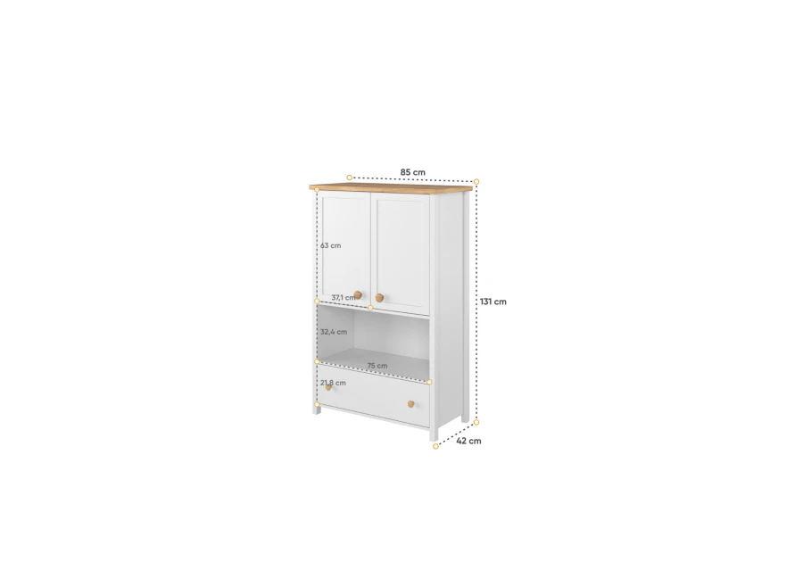 Wymiary białego regału: szerokość 85 cm, wysokość 131 cm, głębokość 42 cm z podziałem na sekcje.
