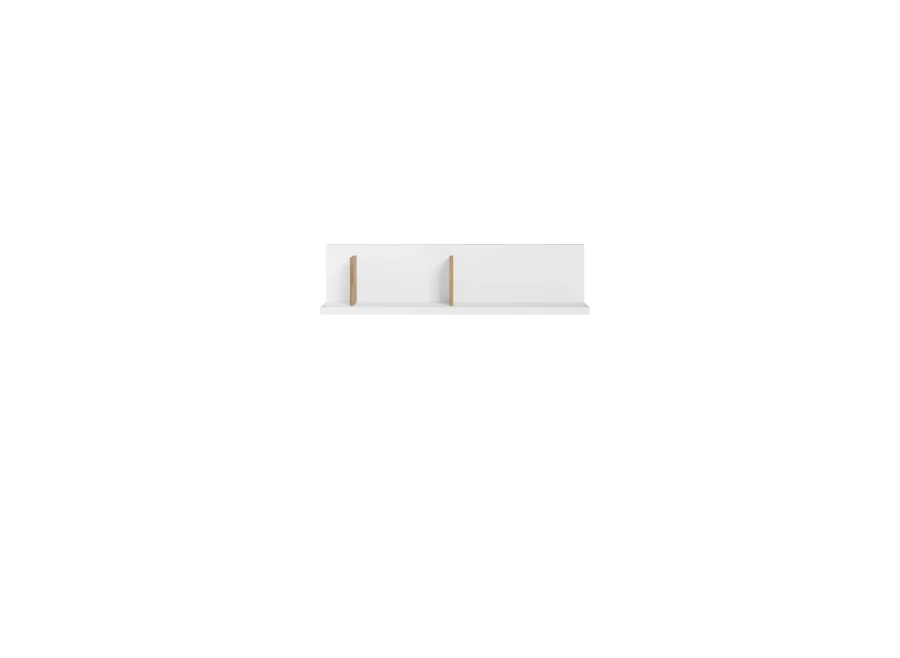 Biała półka wisząca z dębowymi przegrodami, minimalistyczny design na ścianę.