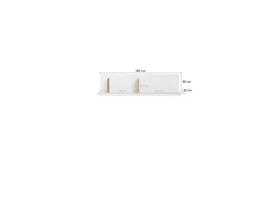Wymiary białej półki ściennej: szerokość 120 cm, wysokość 30 cm, głębokość 22 cm.