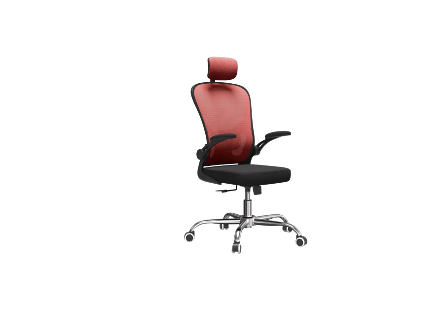 Czerwone ergonomiczne krzesło biurowe z zagłówkiem.