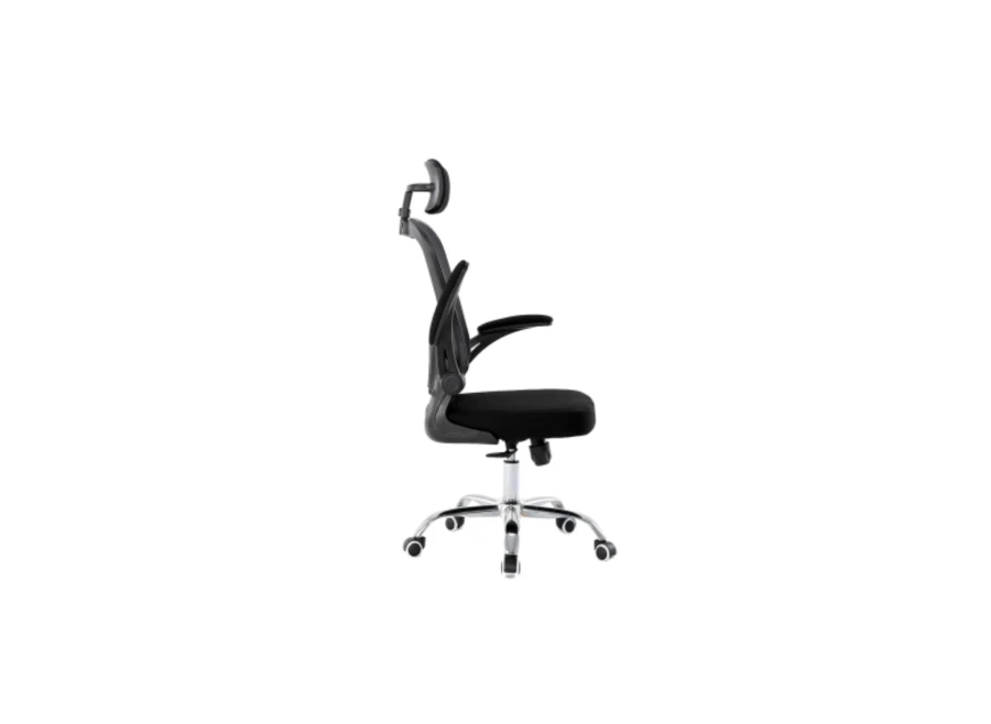 Ergonomiczny czarny fotel biurowy z zagłówkiem, widok z boku.