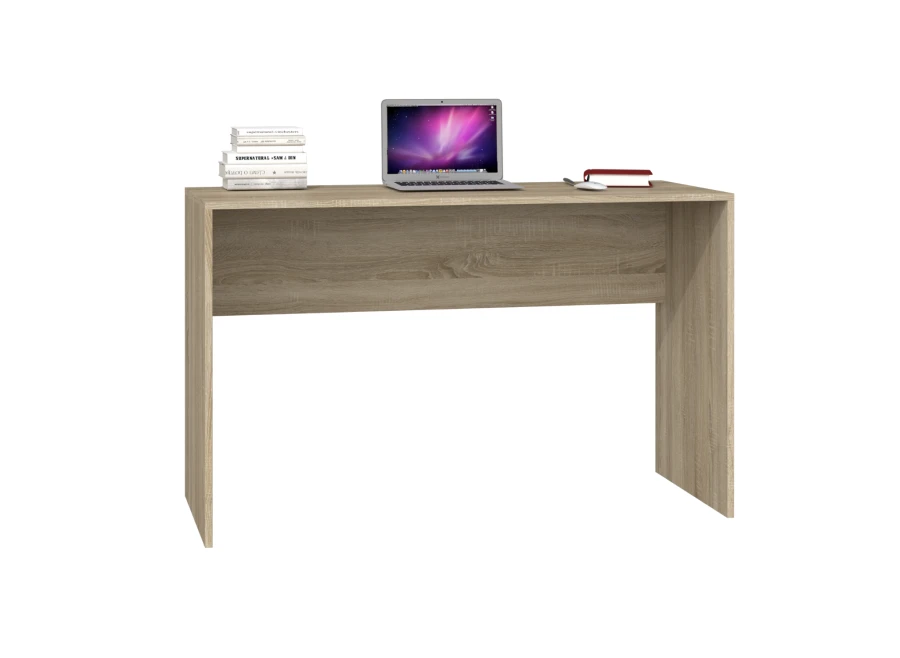 Jasne biurko dębowe z laptopem i książkami, minimalistyczne miejsce do pracy i nauki.
