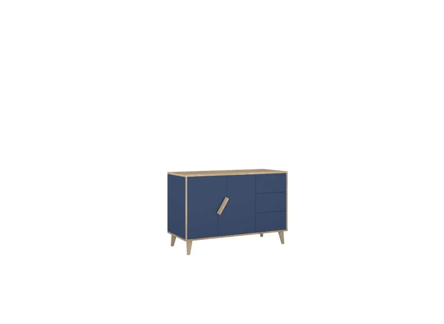 Granatowa komoda z szufladami i szafką, elegancki mebel do salonu na nóżkach.