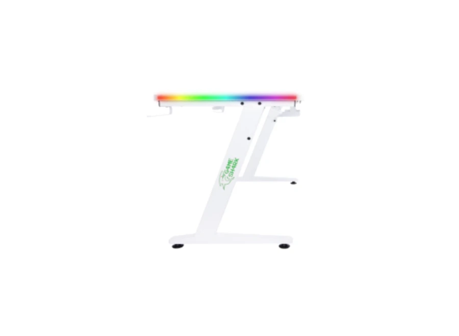 Białe biurko dla gracza typu Z z paskiem LED RGB na krawędzi blatu.