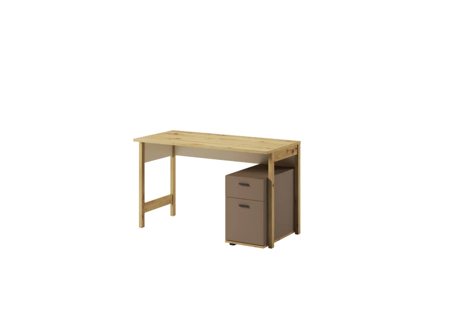 Stylowe biurko drewniane z szafką i dwiema szufladami, minimalistyczny design.