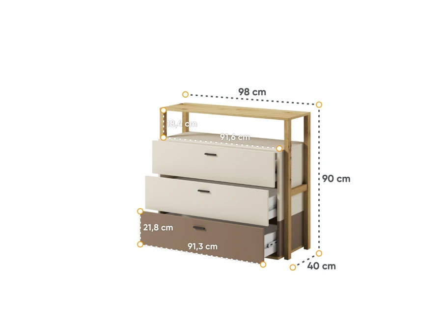 Schemat z wymiarami komody: szerokość 98 cm, wysokość 90 cm, głębokość 40 cm.