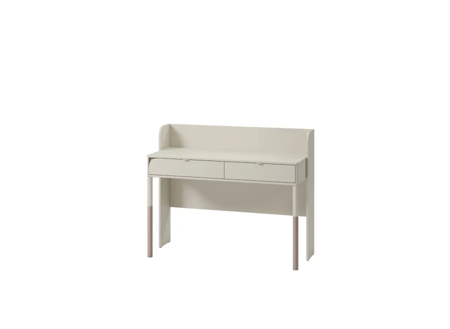 Beżowe biurko o minimalistycznym designie z dwiema szufladami na białym tle.