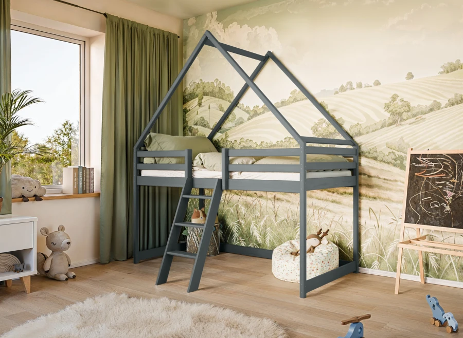 Designerskie łóżko domek na antresoli, drewniane, kolor szary, styl eko.