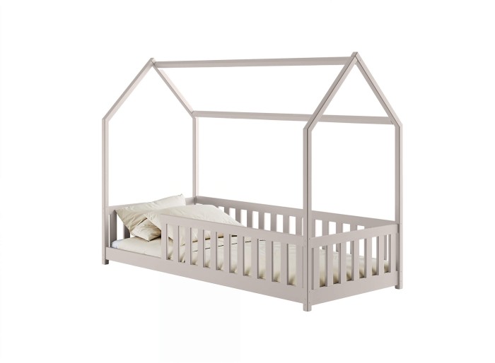 Szare łóżko domek dla dziecka z barierkami i materacem.