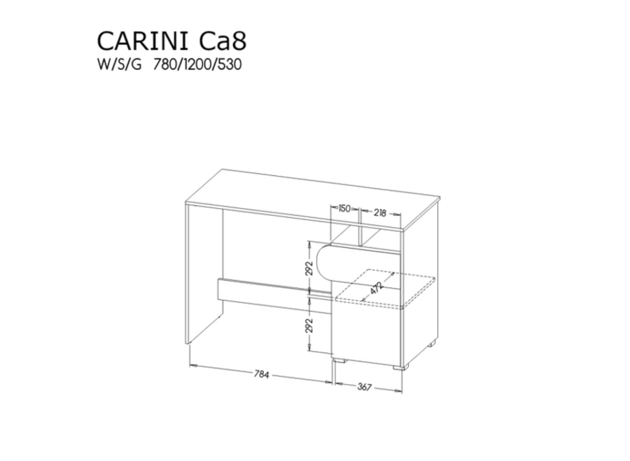 Rysunek techniczny z wymiarami biurka CARINI Ca8 w milimetrach.