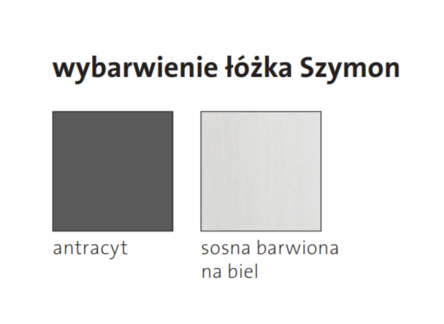 Dostępne wybarwienia łóżka Szymon: antracyt oraz sosna barwiona na biel.