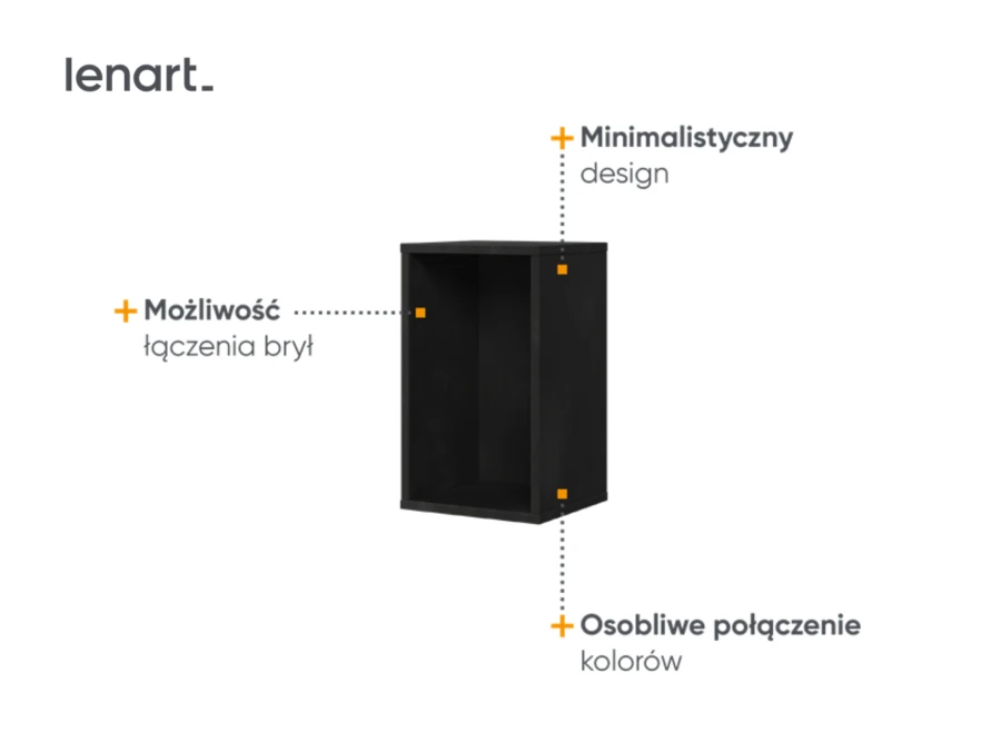 Czarny minimalistyczny regał wiszący Lenart o geometrycznym kształcie do nowoczesnego wnętrza.