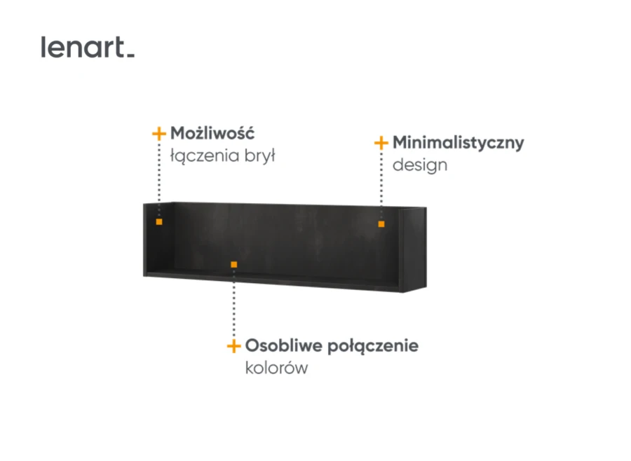 Długa czarna półka wisząca Lenart o minimalistycznym designie, idealna do ekspozycji dodatków.