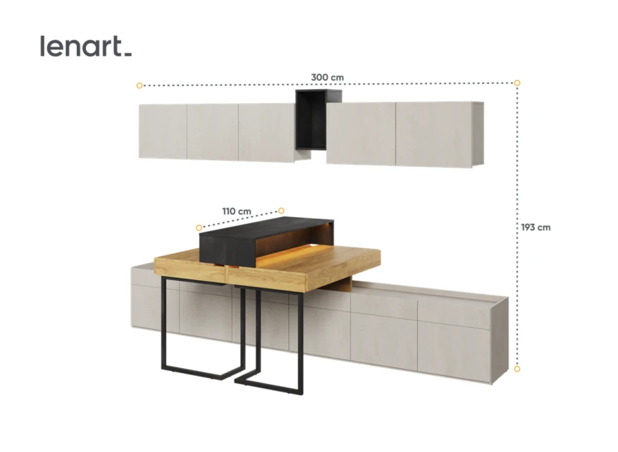 System mebli Lenart z wymiarami: biurko dębowe 110 cm, szafki beżowe, czarne detale. Całość 300x193 cm.