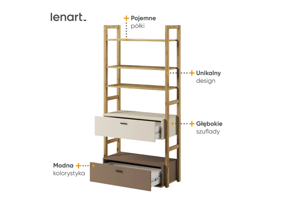 Stylowy regał pokojowy z pojemnymi półkami i unikalnym designem od producenta Lenart.