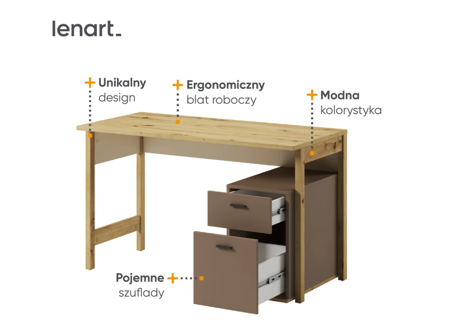 Zalety biurka: unikalny design, ergonomiczny blat i modna beżowa kolorystyka.