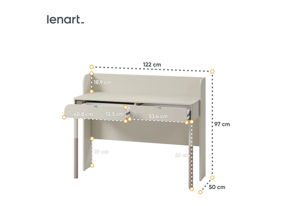 Wymiary beżowego biurka: szerokość 122 cm, wysokość 97 cm oraz głębokość 50 cm.