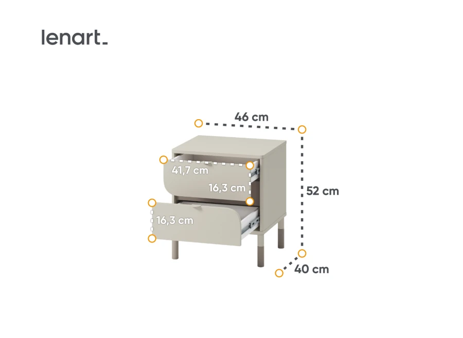 Schemat z wymiarami szafki nocnej o szerokości 46 cm i wysokości 52 cm.