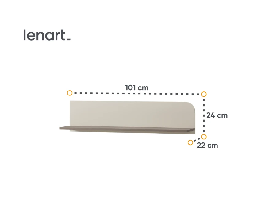 Wymiary beżowej półki ściennej: 101 cm długości i 22 cm głębokości.