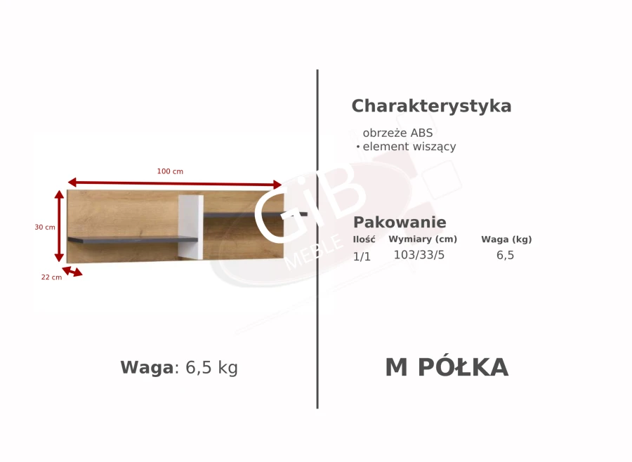 Nowoczesna półka wisząca dąb z białym i szarym elementem, wymiary 100x30x22 cm.