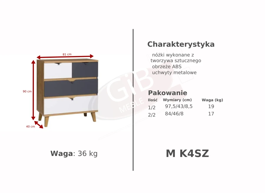 Komoda pokojowa M K4SZ, połączenie drewna, bieli i grafitu, wymiary 81x90x40 cm.