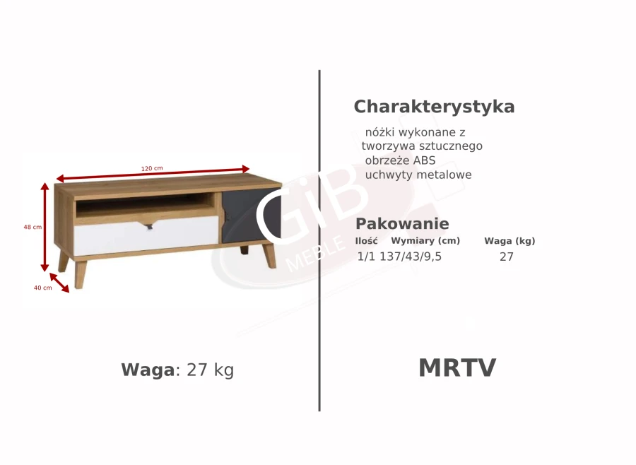 Specyfikacja techniczna szafki pod telewizor MRTV, szerokość 120 cm, waga 27 kg.