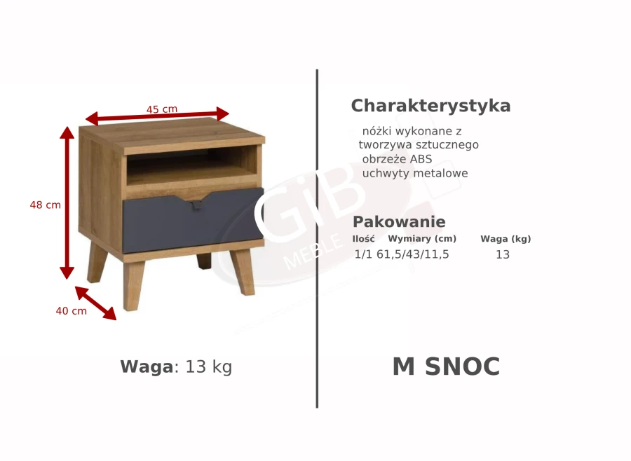 Wymiary stolika nocnego M SNOC z szufladą i otwartą półką, kolor dąb i szary.