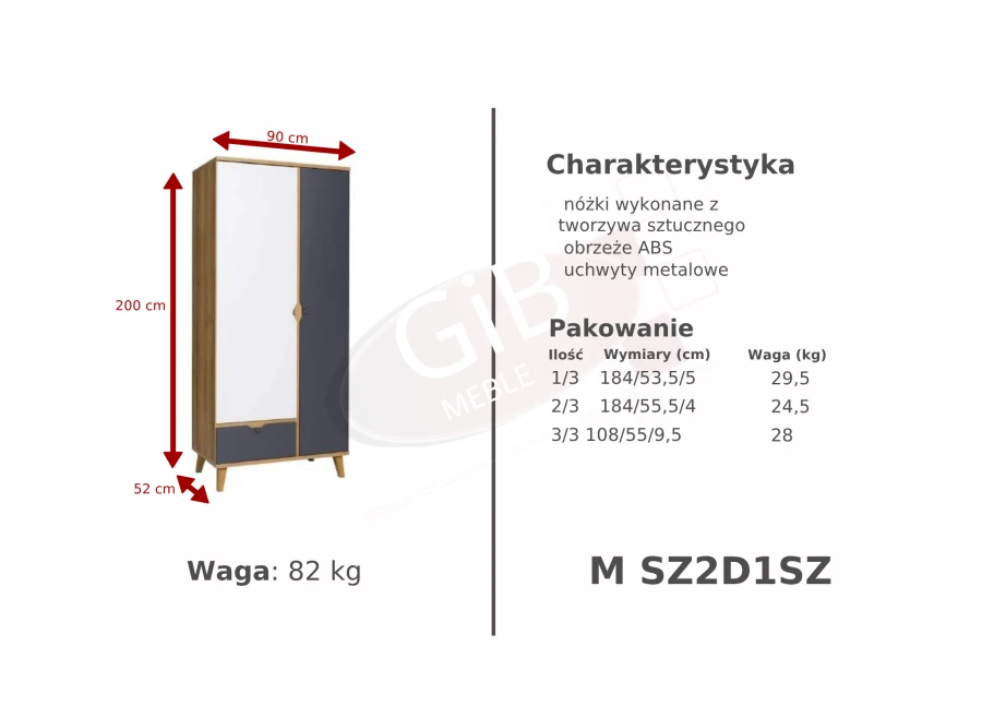 Karta techniczna szafy M SZ2D1SZ, wymiary 90x200x52 cm, waga 82 kg.
