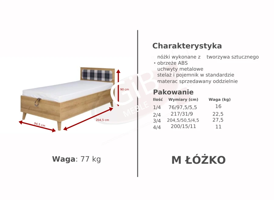 Specyfikacja łóżka jednoosobowego M ŁÓŻKO z pojemnikiem i zagłówkiem w kratkę.