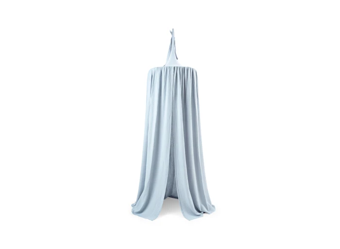 Błękitnoszary baldachim nad łóżko dla dziecka, lekka bawełna muślinowa.