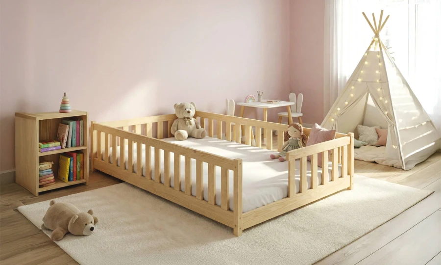 Drewniane łóżko dziecięce w stylu Montessori w pokoju z tipi i zabawkami
