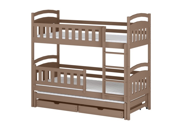 Praktyczne łóżko piętrowe trzyosobowe z dwiema dużymi szufladami pod spodem.