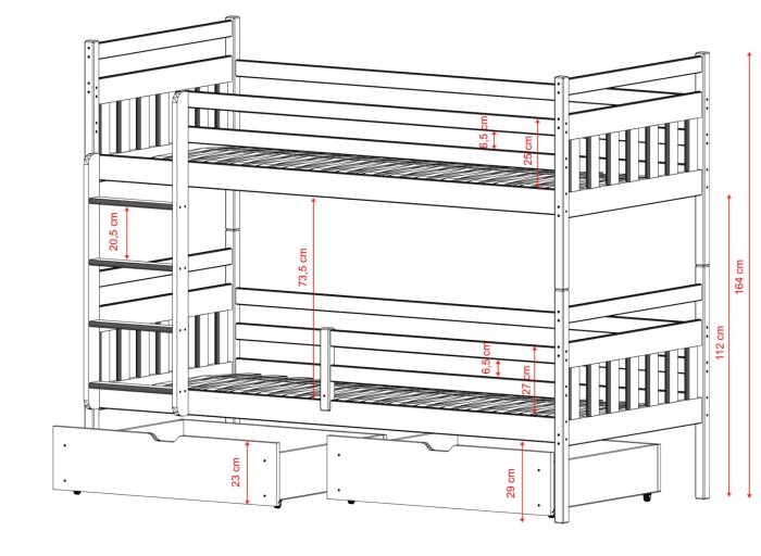 Parametry techniczne łóżka piętrowego z drabinką i pojemnymi szufladami.