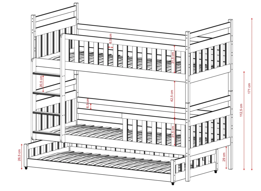Dokładne wymiary łóżka piętrowego dla trojga dzieci na schemacie.