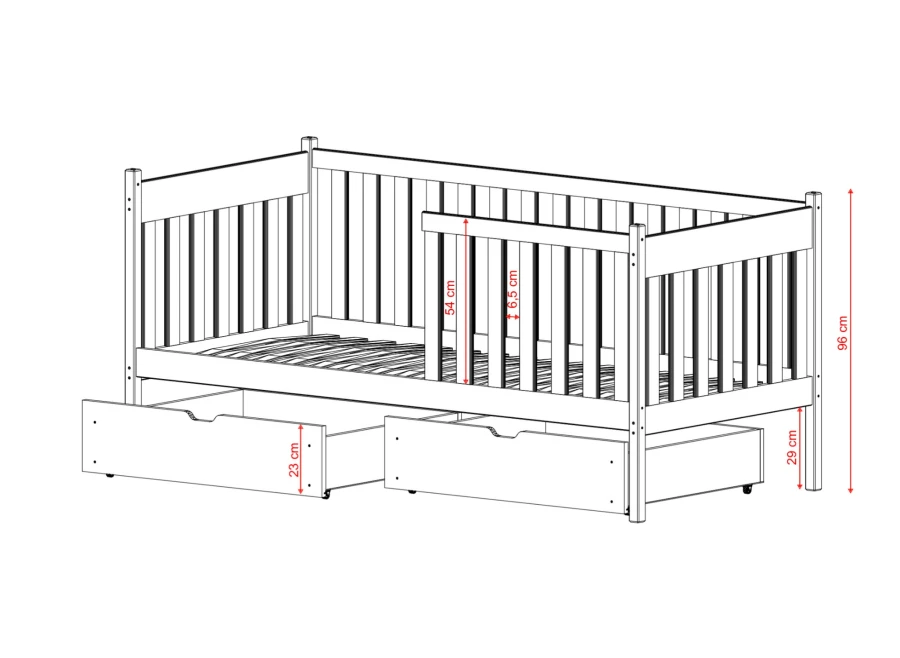 Rysunek wymiarowy łóżka dla dzieci: całkowita wysokość 96 cm, wysokość pod meblem 29 cm.