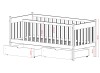 Schemat łóżka parterowego z barierką ochronną i wysuwanymi szufladami na pościel.