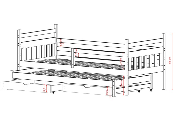 Łóżko dziecięce trzyosobowe z szufladami – wymiary zewnętrzne i wewnętrzne.