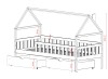 Schemat wymiarowania łóżka typu domek z barierką ochronną i szufladami.