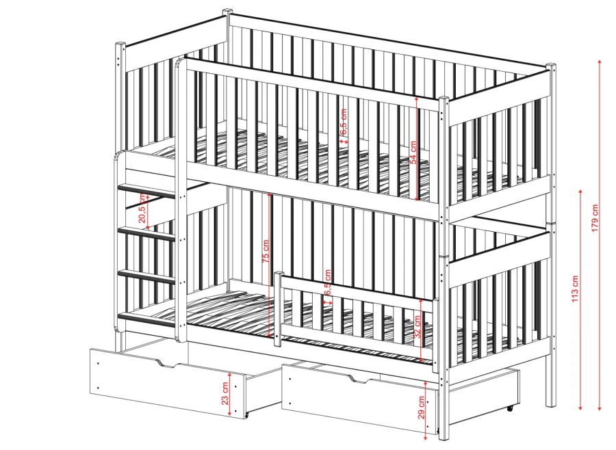 Dokładne wymiary łóżka piętrowego: wysokość 179 cm, szerokość szczebli.