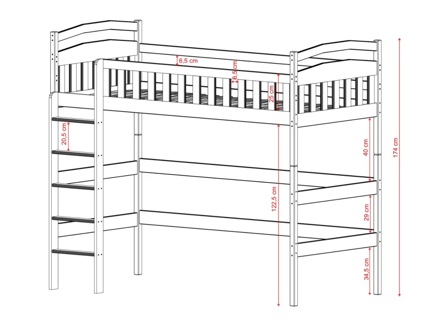 Szczegółowy projekt łóżka piętrowego z barierkami ochronnymi o wysokości 25 cm.