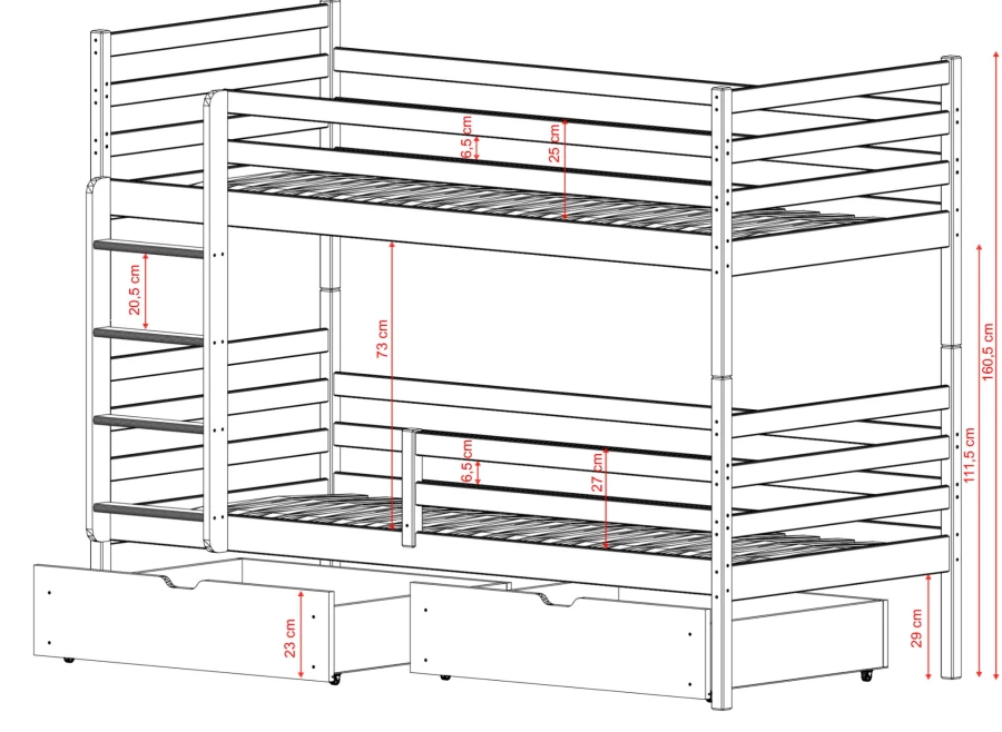 Plan budowy łóżka piętrowego dla dzieci z opisem wysokości barierek ochronnych i szczebli.