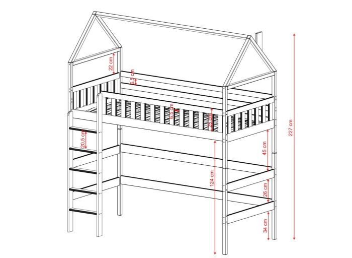 Dokładne wymiary łóżka domku – wysokości barierek, schodków i prześwitów.