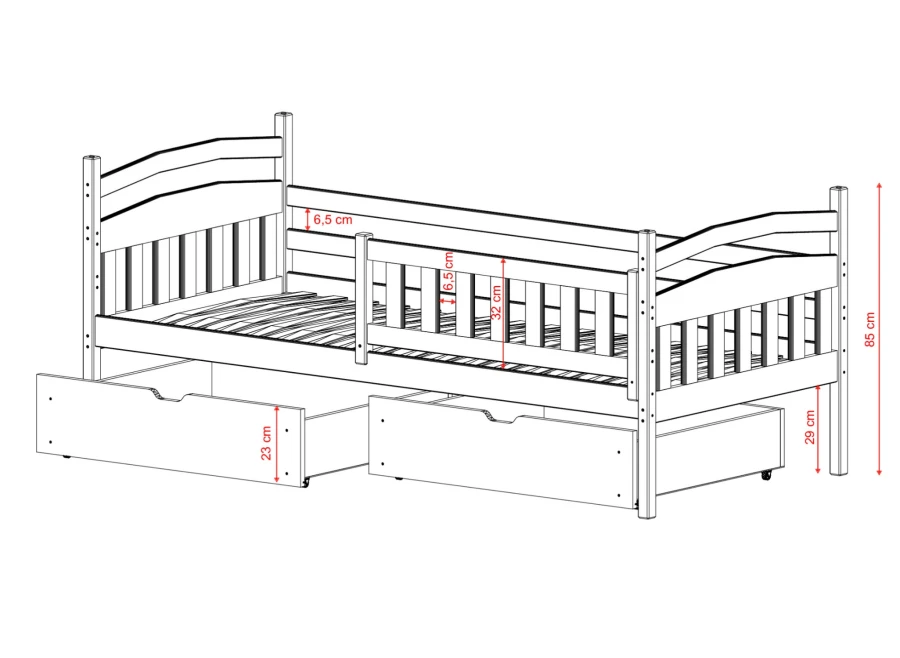 Rysunek techniczny łóżka parterowego z szufladami i podanymi wymiarami.